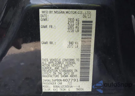 2013 Nissan Altima 2.5 Sv z USA, uszkodzony, nr VIN 1N4AL3AP9DN407791